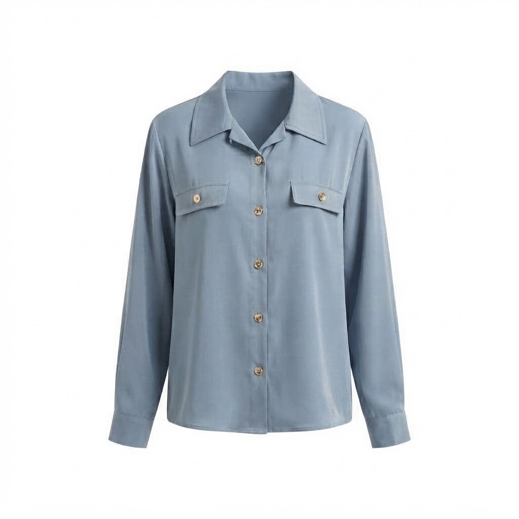 Women Loose Silk Look Shirt Blouse with Golden Decorative Buttons and Patch Pockets Amarae