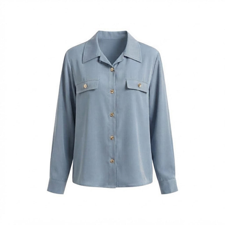 Women Loose Silk Look Shirt Blouse with Golden Decorative Buttons and Patch Pockets Amarae