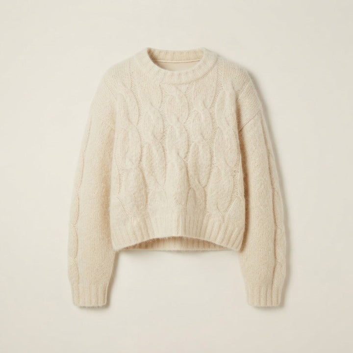 Ladies Short Cut Fluffy Mohair Look Sweater with Balloon Sleeves and Cable Pattern Amarae