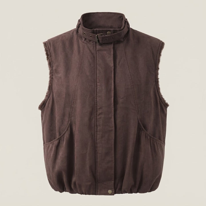 Women's Sleeveless Velour Quilted Vest with Faux Fur Lining and Adjustable Stand Collar Amarae