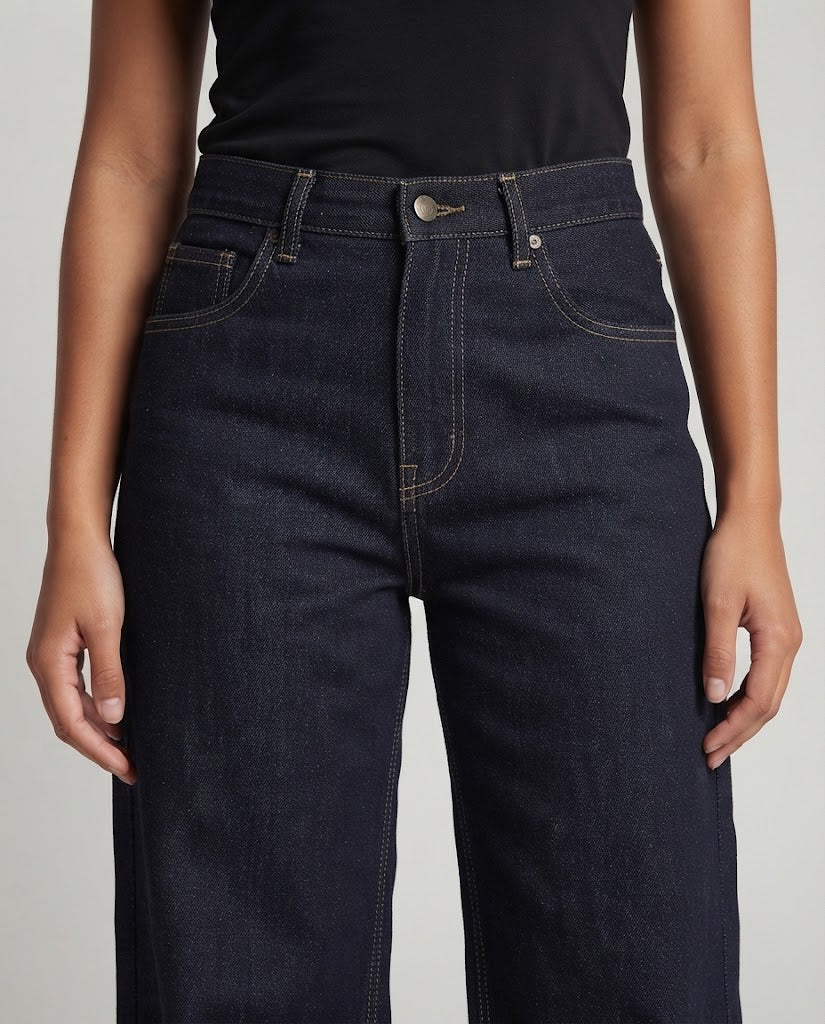 Women's Wide Denim Palazzo Pants with Drop Crotch and Contrast Stitches Amarae