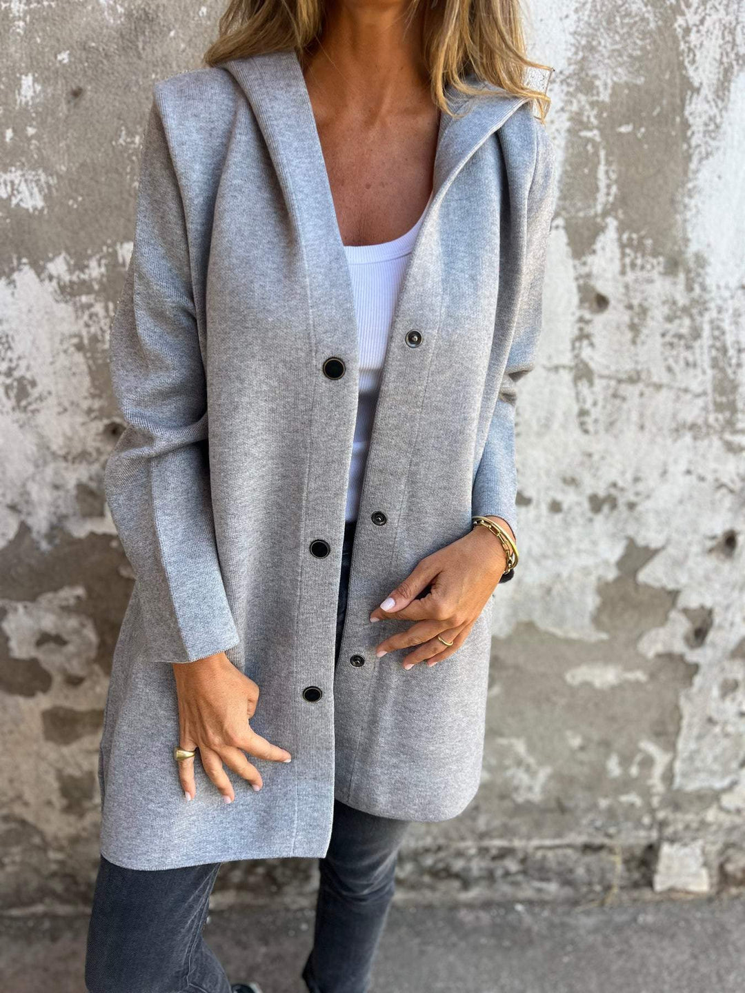 Amarae | Long Jacket - Wool Blend - Button Closure with Hood - Comfortable Fit