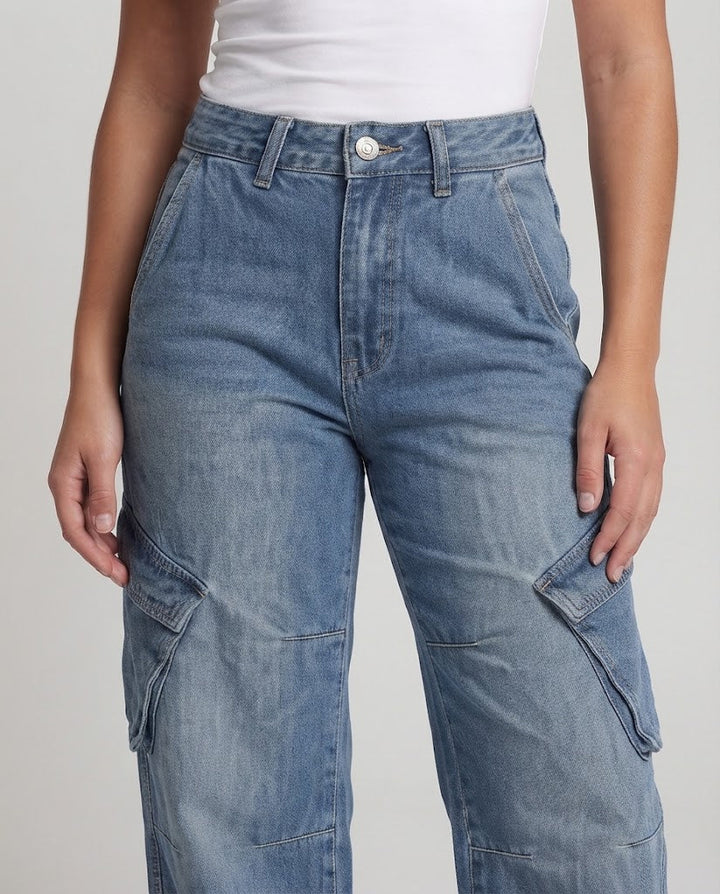 Women Wide Palazzo Denim Cargo Pants with Deep Crotch, Knee Panels, and Large Flap Pockets Amarae