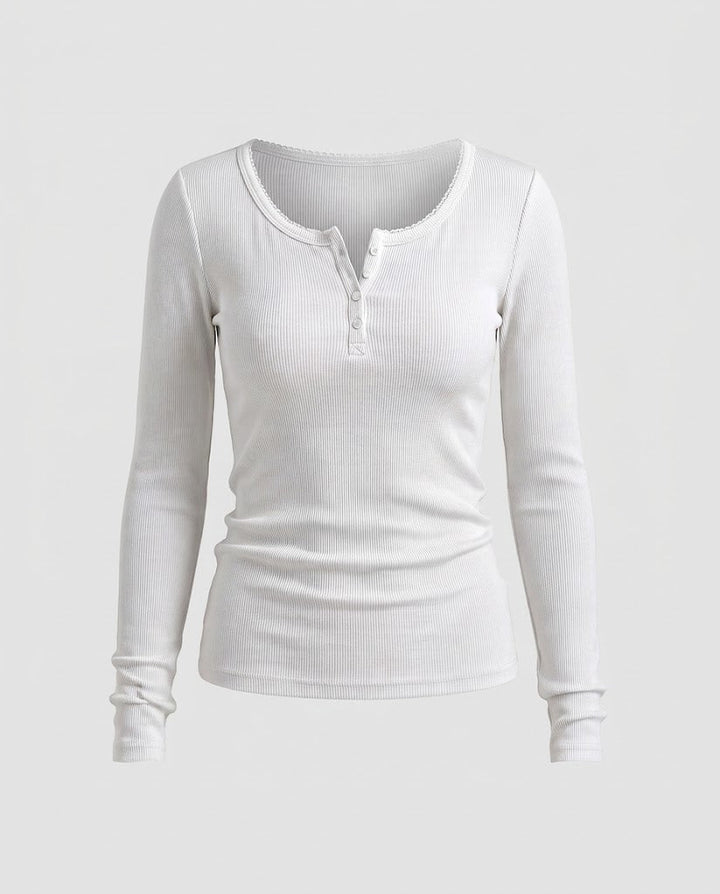 Women's Fitted Ribbed Long Sleeve Henley Shirt with Decorative Button Placket and Scalloped Edge Amarae