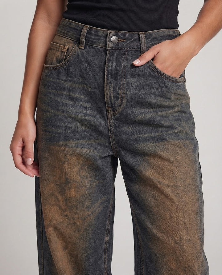 Women Extra Wide Palazzo Denim Jeans with Deep Crotch, Vintage Fade and Floor-Length Hem Amarae