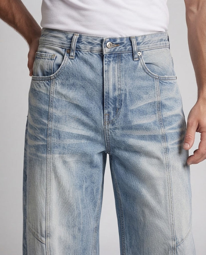 Men's Ultra Wide Denim Palazzo Jeans with Distinctive Pleat Look and Decorative Stitch Panels Amarae