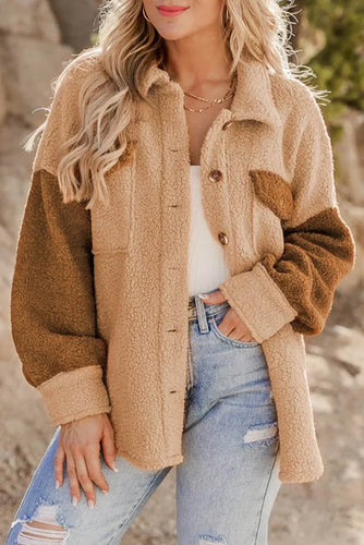 Amarae | Camel Colorblock Sherpa Jacket with Pockets - Elegant and Warm