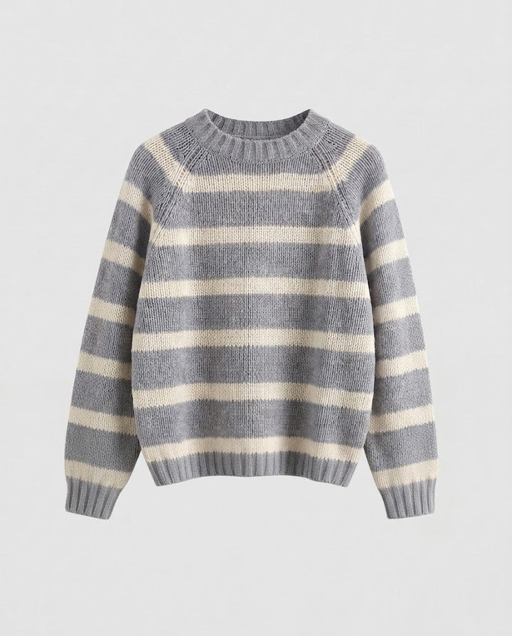 Women's Striped Boxy Knit Sweater with Chunky Stitch and Round Neckline Amarae