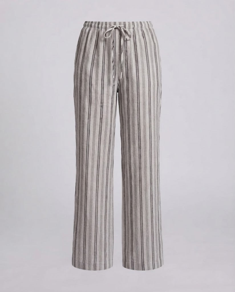 Women's Linen Look Wide Pants with High Elastic Waistband Drawstring and Vertical Stripes Amarae
