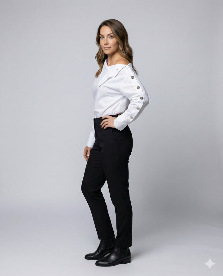 Women’s Cotton-Blend Blouse with Stand-Up Collar & Buckle Detail | Amarae