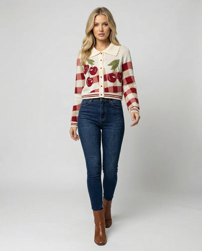 Ladies cheerful Cropped knitted jacket with cherry blossom floral pattern Amarae
