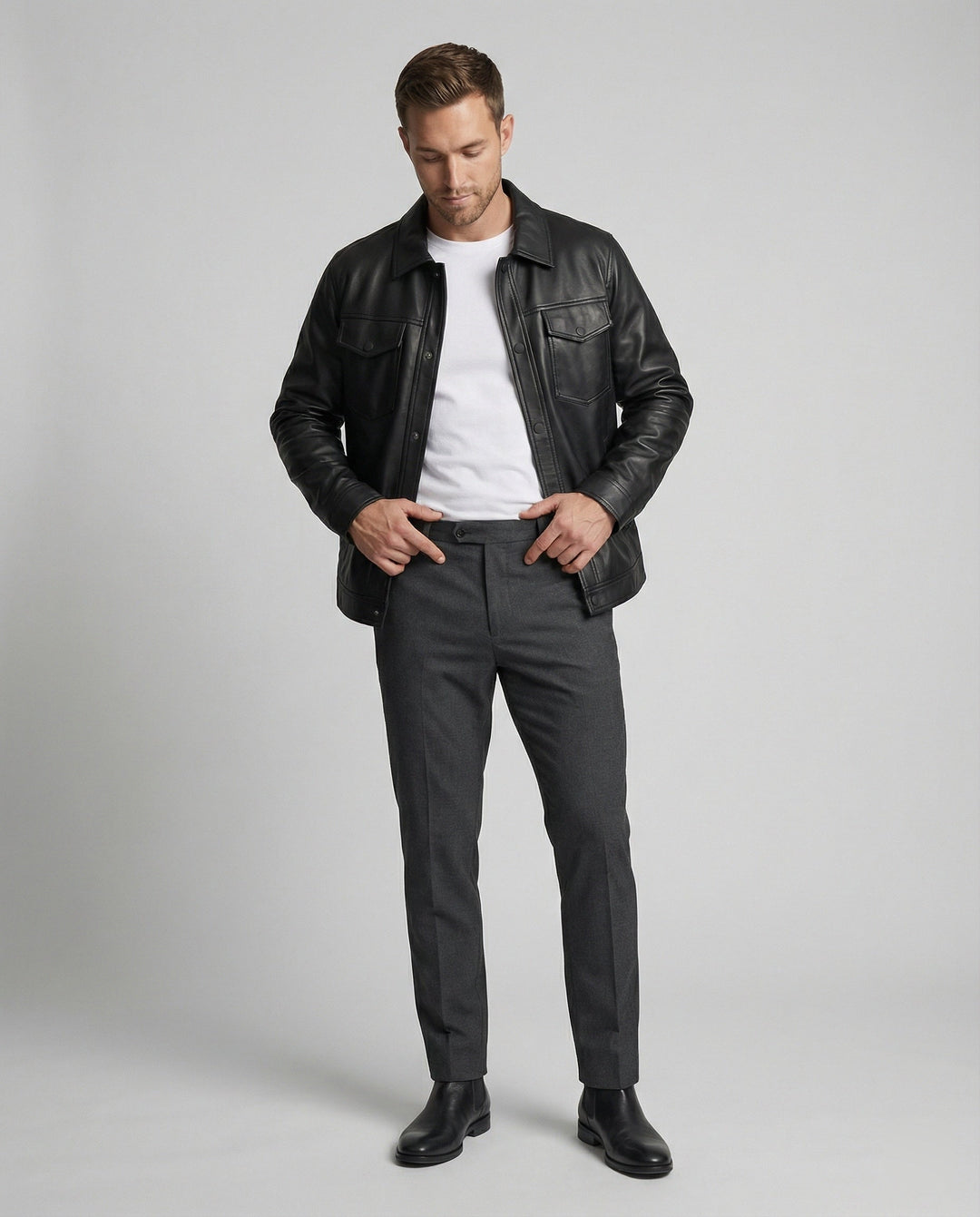 Men's Classic Faux Leather Jacket with Pockets