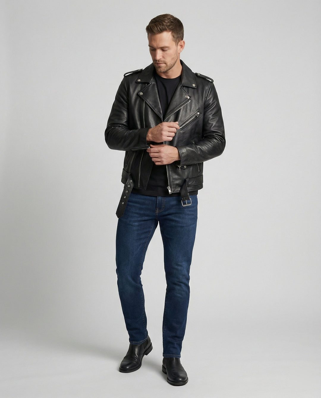 Men's Biker Leather Jacket with Pockets
