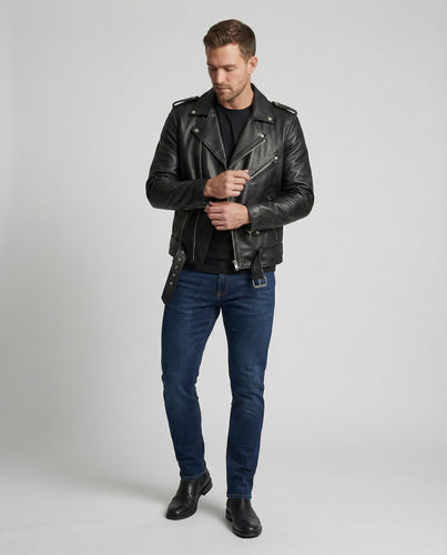Men's Biker Leather Jacket with Pockets