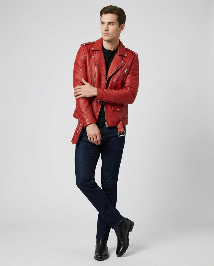Men's Genuine Leather Biker Jacket with Design Accents
