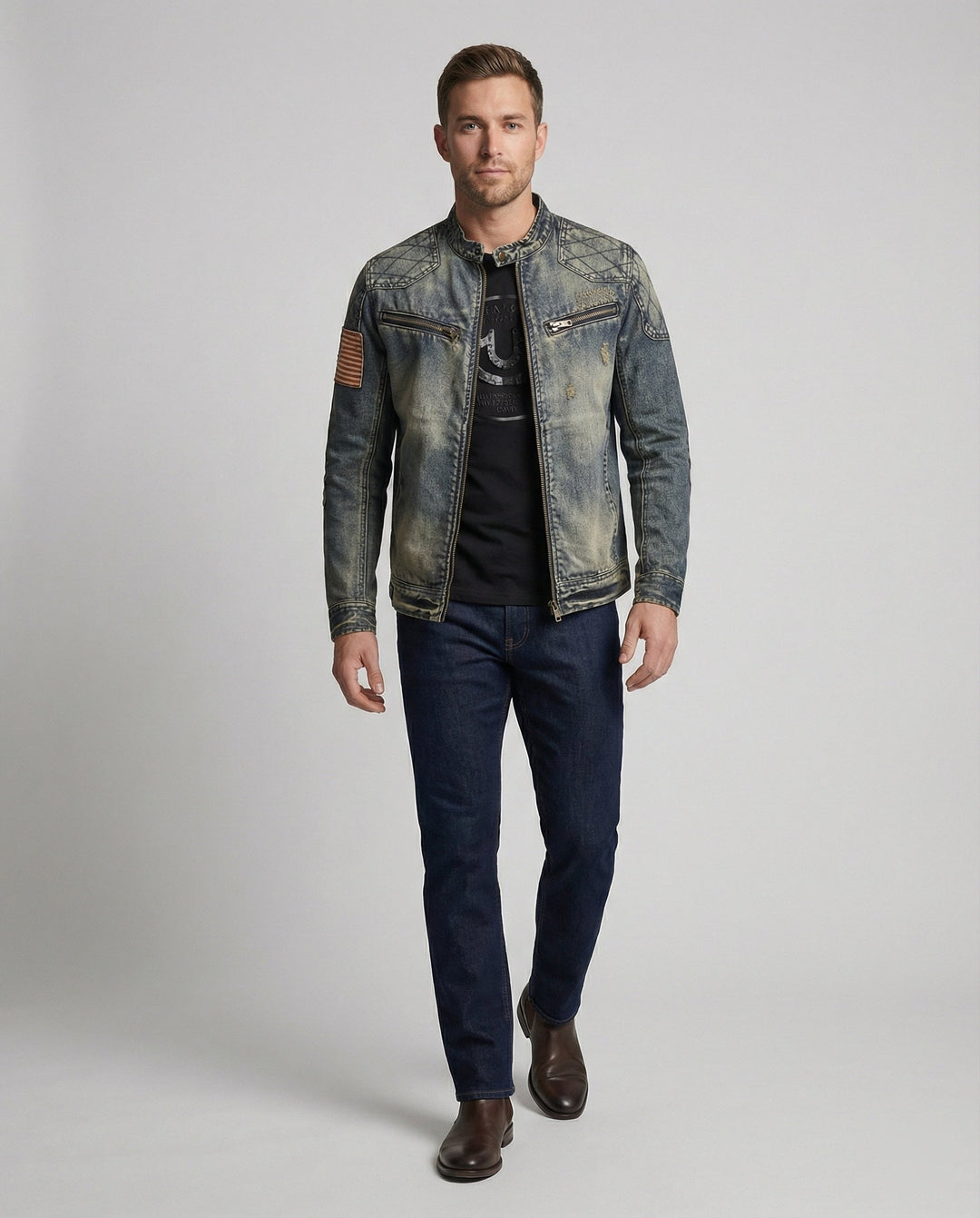 Men's Denim Jacket Biker Style Stand-Up Collar