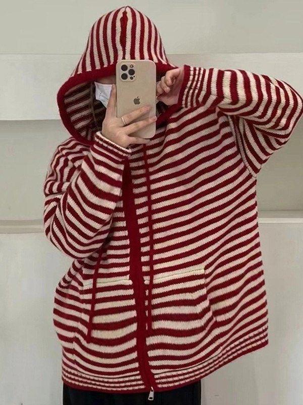 Lune London | Cozy striped hooded cardigan with zipper