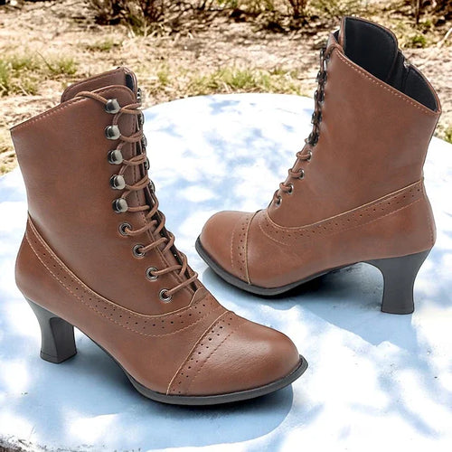 Amarae | Women Victorian Brown Mid-Heel Lace-Up Boots with Zipper