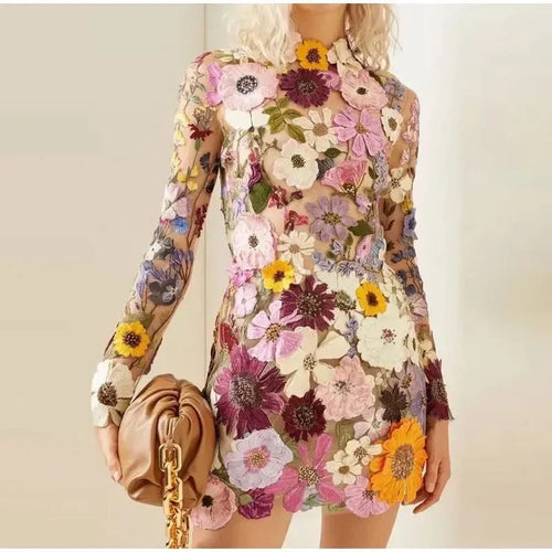 Amarae | Mini dress with floral appliqués and a sheer look