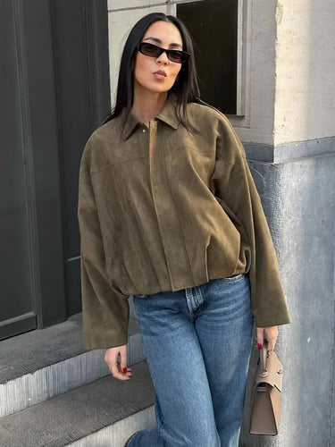 Amarae | Jacket - Loose fit - Shirt collar - Soft suede-like texture