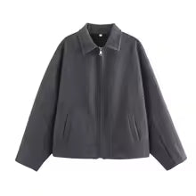 Amarae | Jacket - Loose Fit - Wool Texture - Zipper - Cut-Out Collar - Casual Style