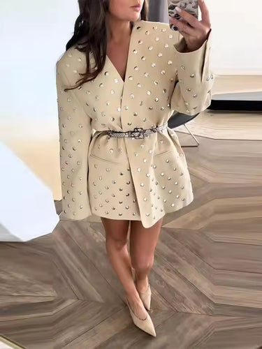 Amarae | Jacket - Loose Fit - Open Front - Fitted with Belt - Stud Details