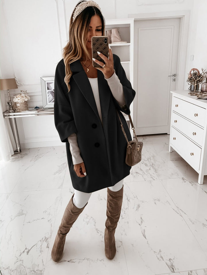 Amarae | Coat - Wool - Oversized Cut - Button Closure - Three Quarter Sleeve - Classic Collar