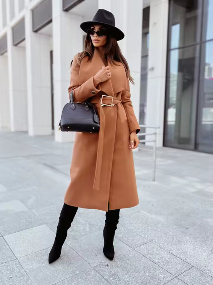Amarae | Coat - Long Silhouette - Tailored Fit - Belt with Buckle - Button Closure