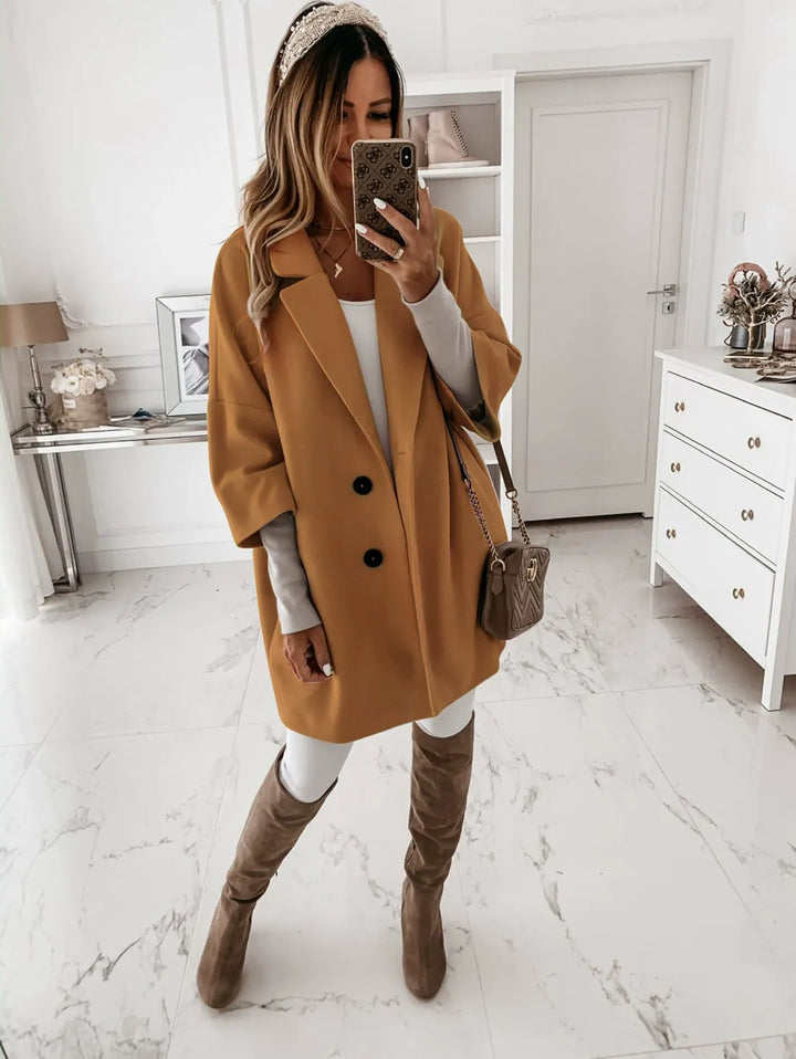 Amarae | Coat - Wool - Oversized Cut - Button Closure - Three Quarter Sleeve - Classic Collar