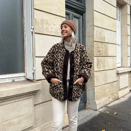 Amarae | Jacket - Oversized Fit - Soft Fur Look - Round Neck - Patterned Design
