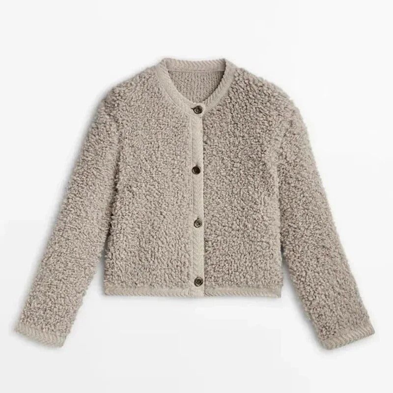 Lune London | Jacket - Relaxed Fit - Soft Teddy Texture - Button Closure - Round Neck