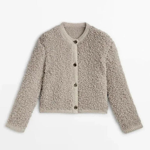 Amarae | Jacket - Relaxed Fit - Soft Teddy Texture - Button Closure - Round Neck
