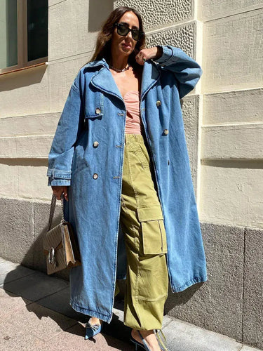Amarae | Trench coat - Oversized Fit - Denim Look - Long Length - With Belt - Double Breasted