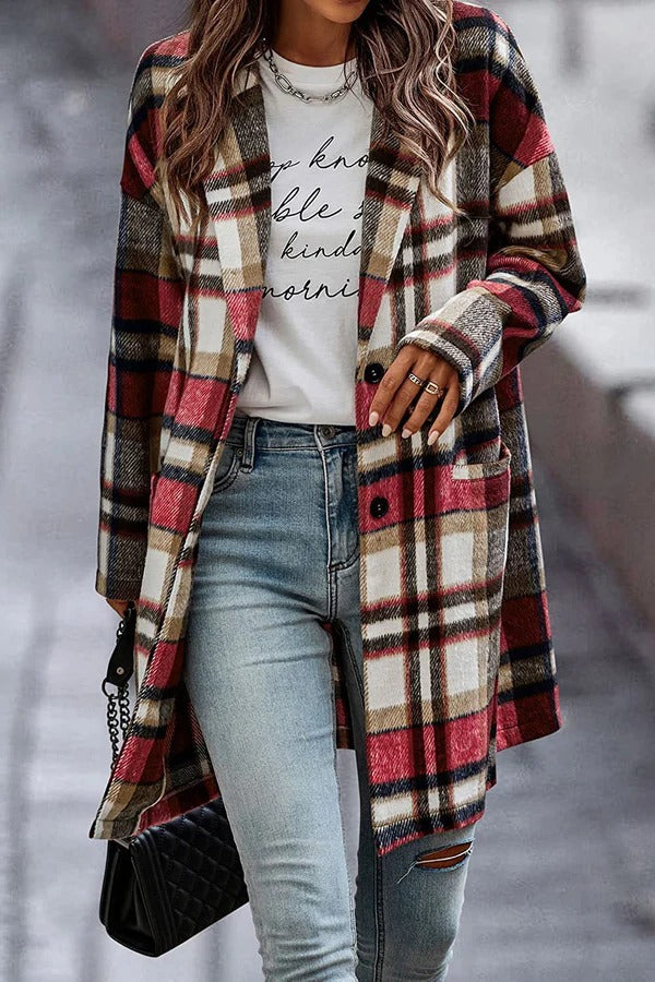 Amarae | Coat - Plus Size Fit - Wool Texture - Houndstooth Pattern - With Button Closure