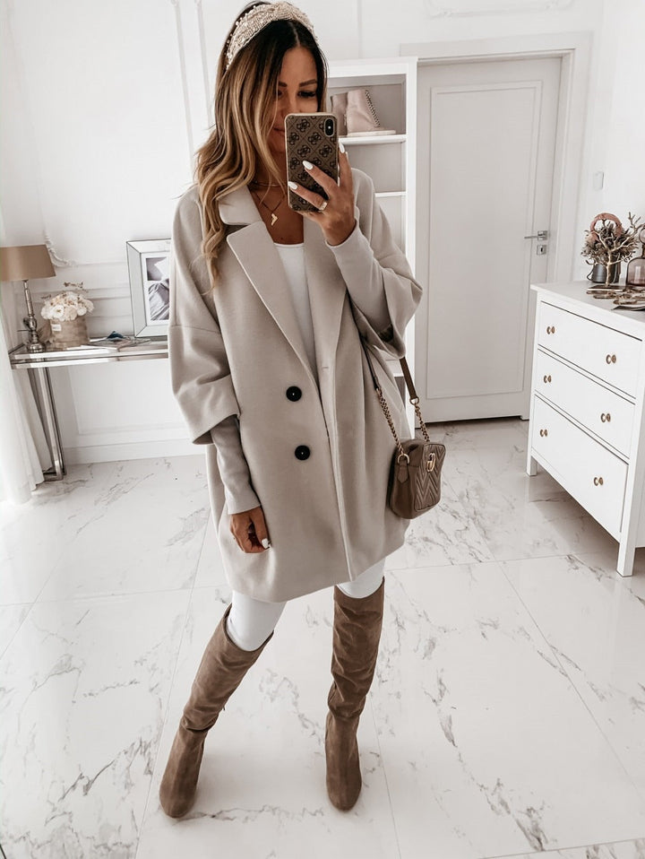Amarae | Coat - Wool - Oversized Cut - Button Closure - Three Quarter Sleeve - Classic Collar