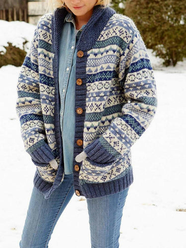 Amarae | Knitted Cardigan Wool Knit Casual Fit Shawl Collar Fair Isle Pattern Snap Button Front