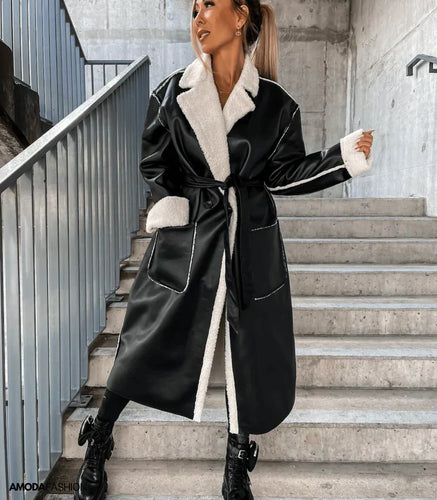 Amarae | Leather jacket with fleece lining and drawstrings