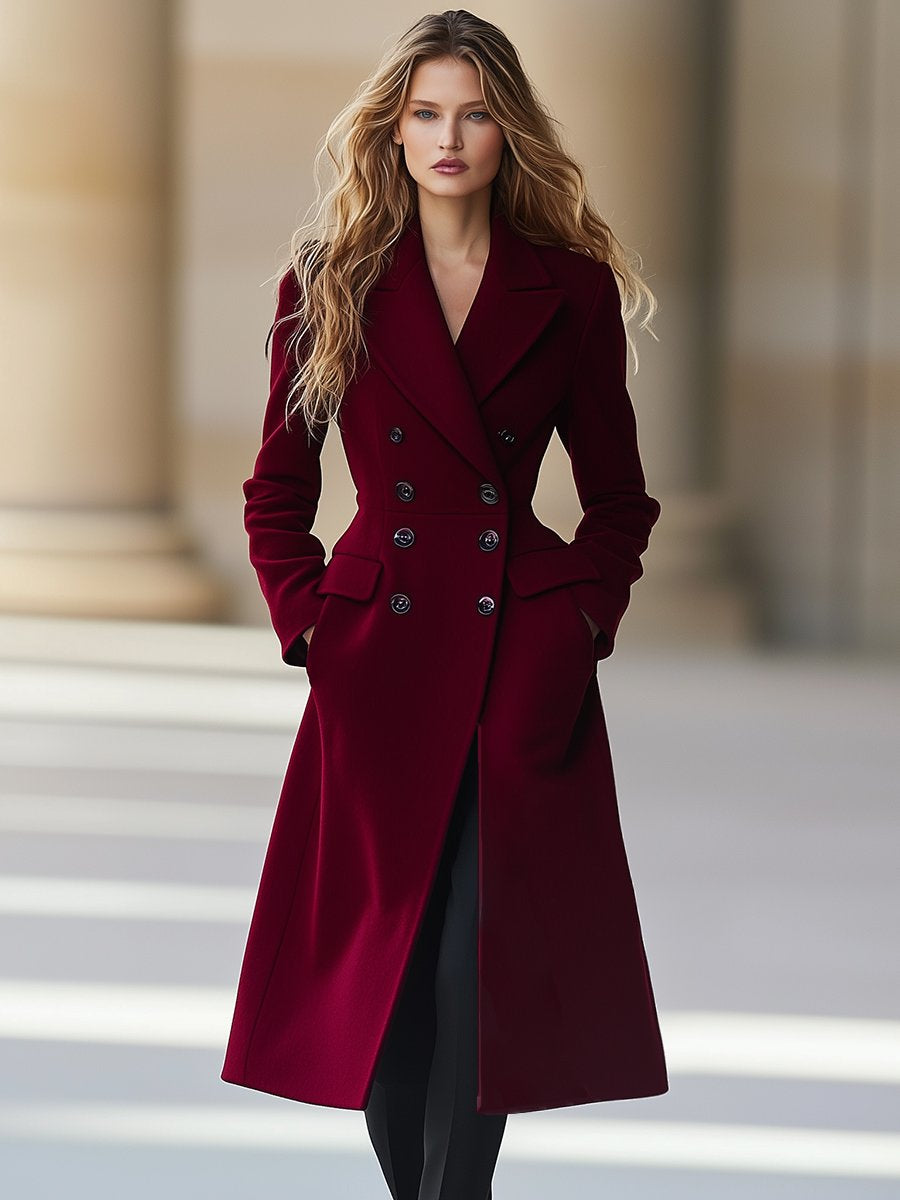 Amarae | Coat Elegant Burgundy Coat with Double-Breasted Button Closure and Lapel Collar