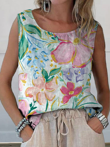 Chic Und Stil | Beautiful Floral Art Print Cotton and Linen Tank Top