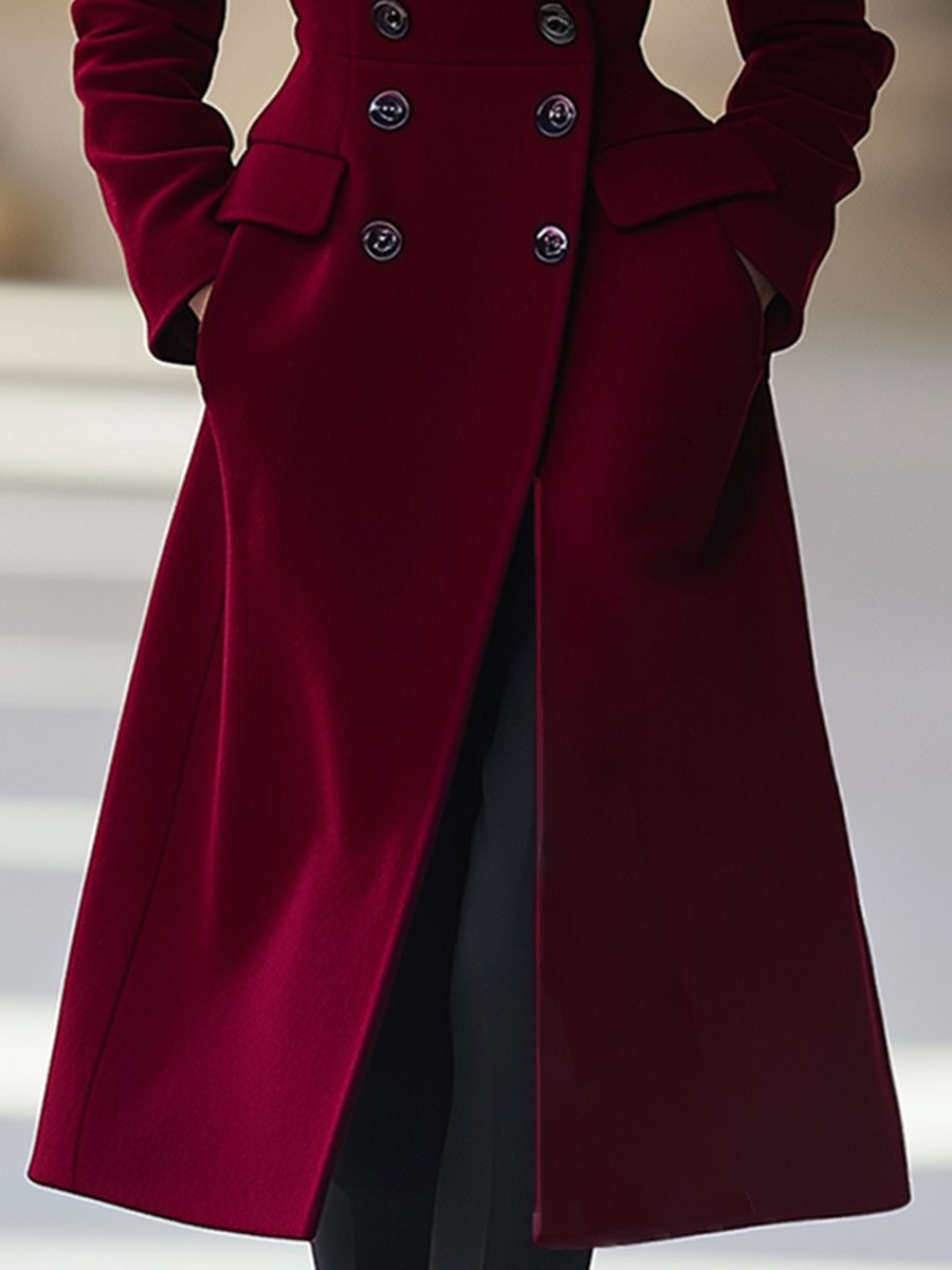 Amarae | Coat Elegant Burgundy Coat with Double-Breasted Button Closure and Lapel Collar