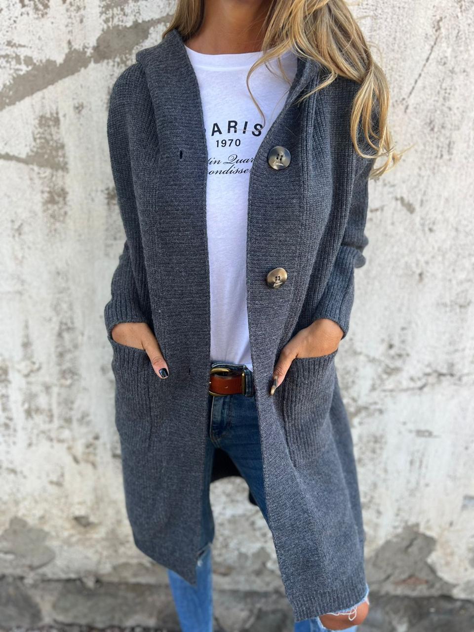 Lune London | Cardigan - Longer Open Front - Ribbed Knit - Button Closure & Front Pockets