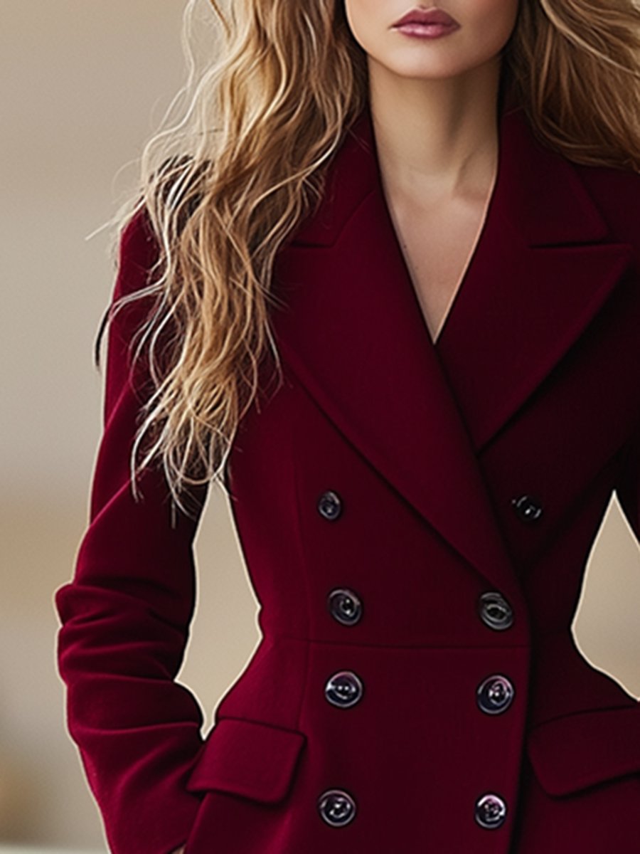 Amarae | Coat Elegant Burgundy Coat with Double-Breasted Button Closure and Lapel Collar