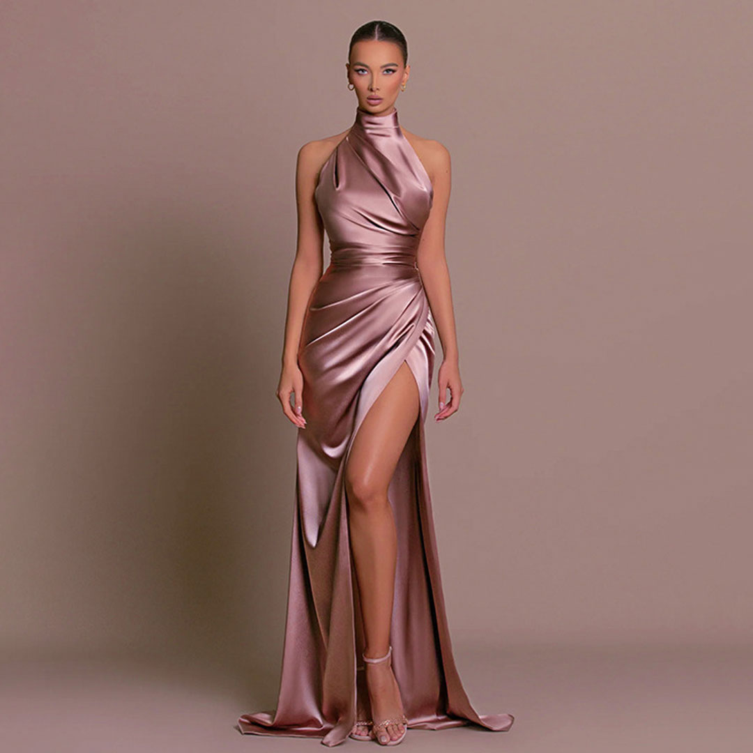Lune London | Luxurious High Neck Halter Ruched Side Slit Satin Maxi Dress Evening Dress