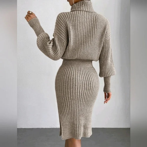 Amarae | Chic Winter Khaki Fitted Turtleneck Dress for Women
