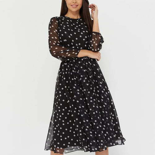 Amarae | Stylish midi dress made of mesh with polka dot pattern
