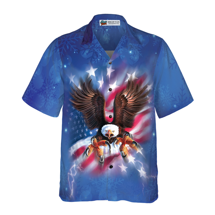 Lune London | Christmas Hawaiian T-shirts for men and women Hyperfavor, flying eagle with American flag button-up shirt short sleeve