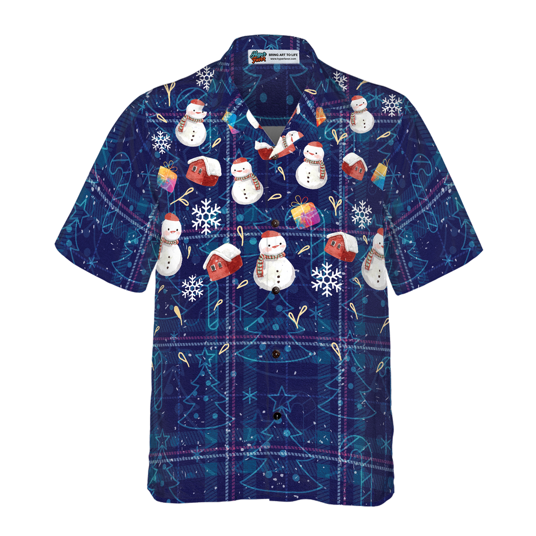 Lune London | Hyperfavor Christmas Hawaiian Shirts, dark blue plaid shirt with snowman patterns and short sleeves, Christmas shirt gift idea for men and women