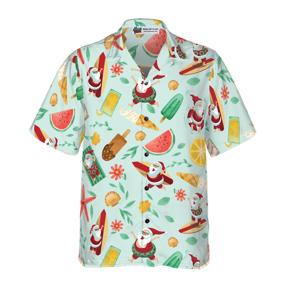 Lune London | Hyperfavor Santa Surfing 2 Pattern Hawaiian Shirt, Short Sleeve Christmas Shirts Button Up for Men and Women