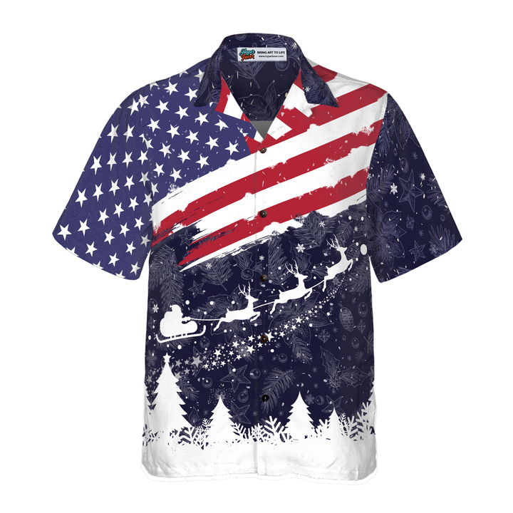 Lune London | Christmas Hyperfavor Hawaiian Shirts, Short Sleeve USA Flag Print Merry Christmas T-Shirt, Christmas Gift Shirt Idea for Men and Women