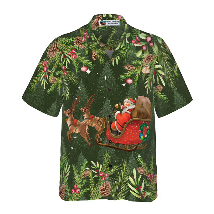 Lune London | Hyperfavor Santa Santa flying sleigh 1 pattern Hawaiian shirt, short sleeve Christmas shirts button-up for men and women